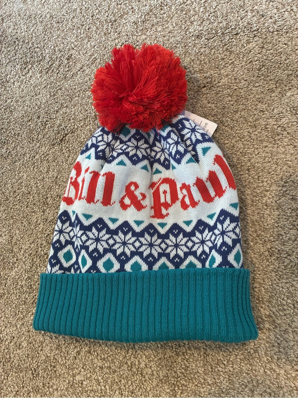 Bill & Paul Teal Cuff Knit Pom Beanie with Red Pom